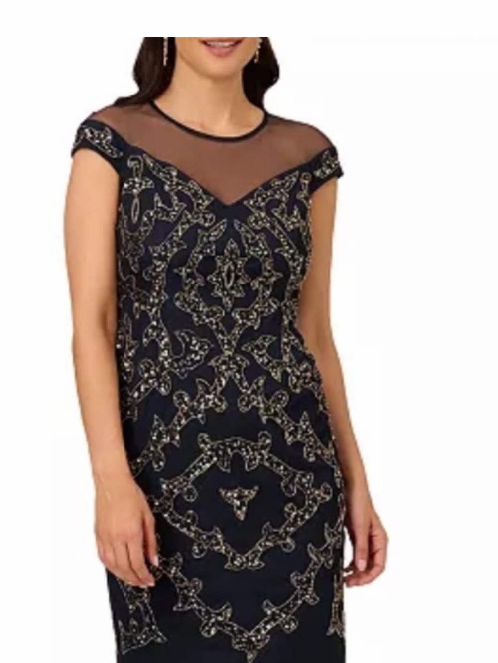 NWT Adrianna Papell Sheath Sleeveless Beaded Sequin Mesh Midi Dress Navy Sz 6